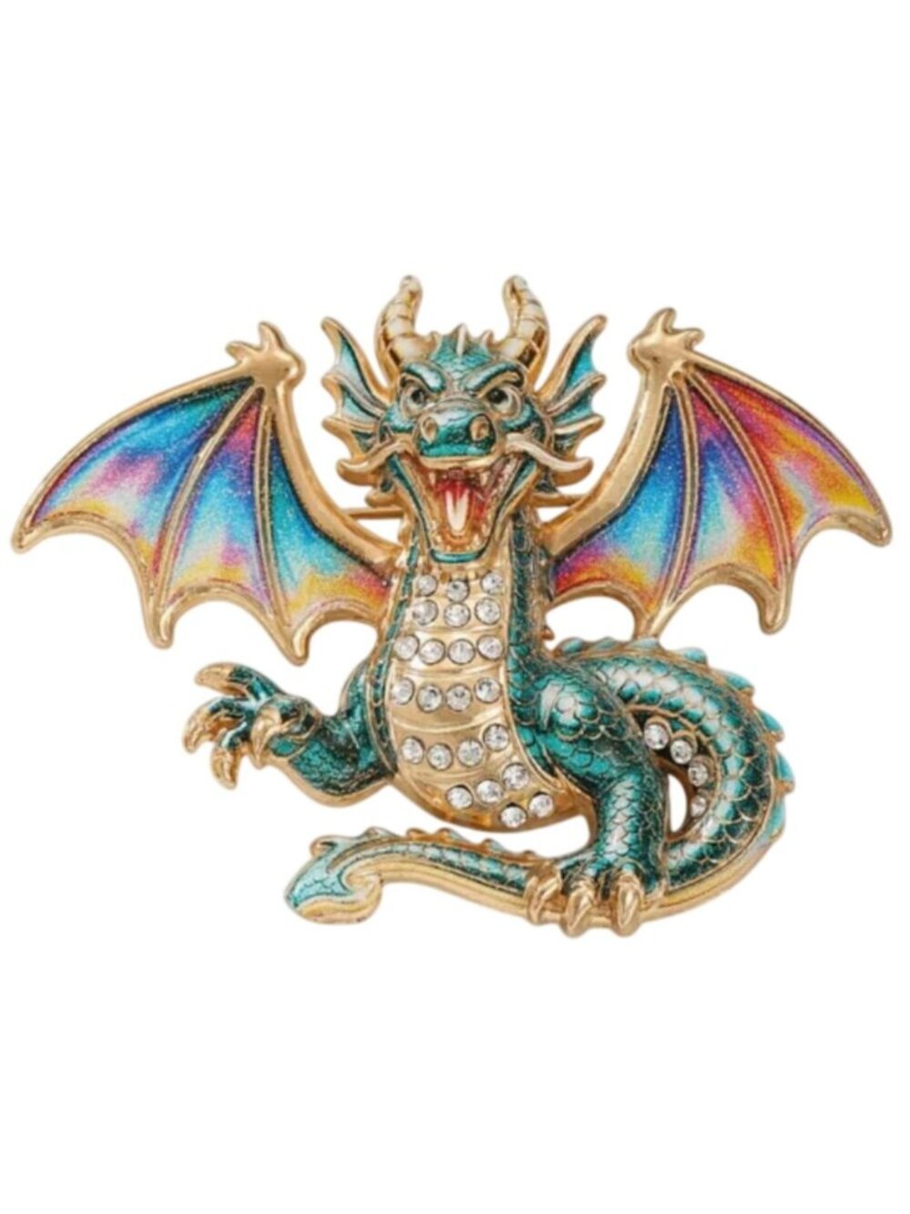 Dragon Brooch Pin With Crystals & Multicolor Enamel Wings Gold Tone